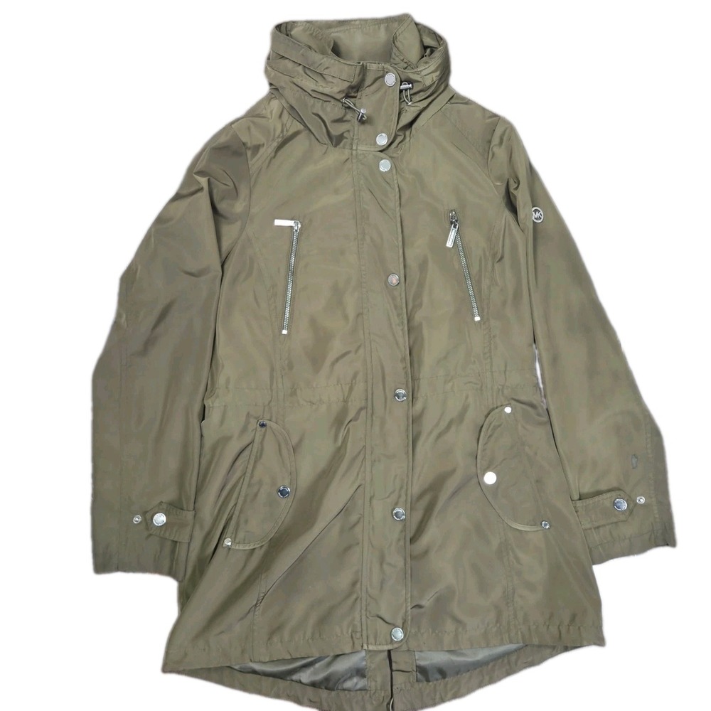Michael Kors Army Green Long Coat Womens Size Med Hooded With Flaw